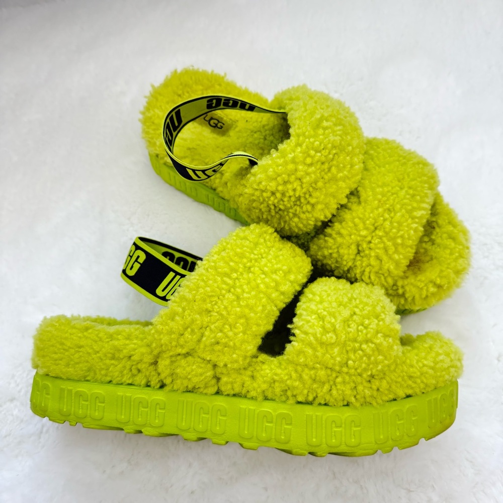 UGG Oh Fluffita Platform Neon Green Slippers Sandals Size 8